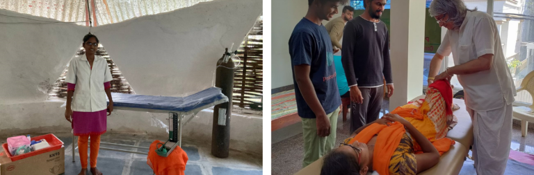 L: A trained nurse at ProtoVillage. R: Youths learning the ways of naturopathy from a master practitioner